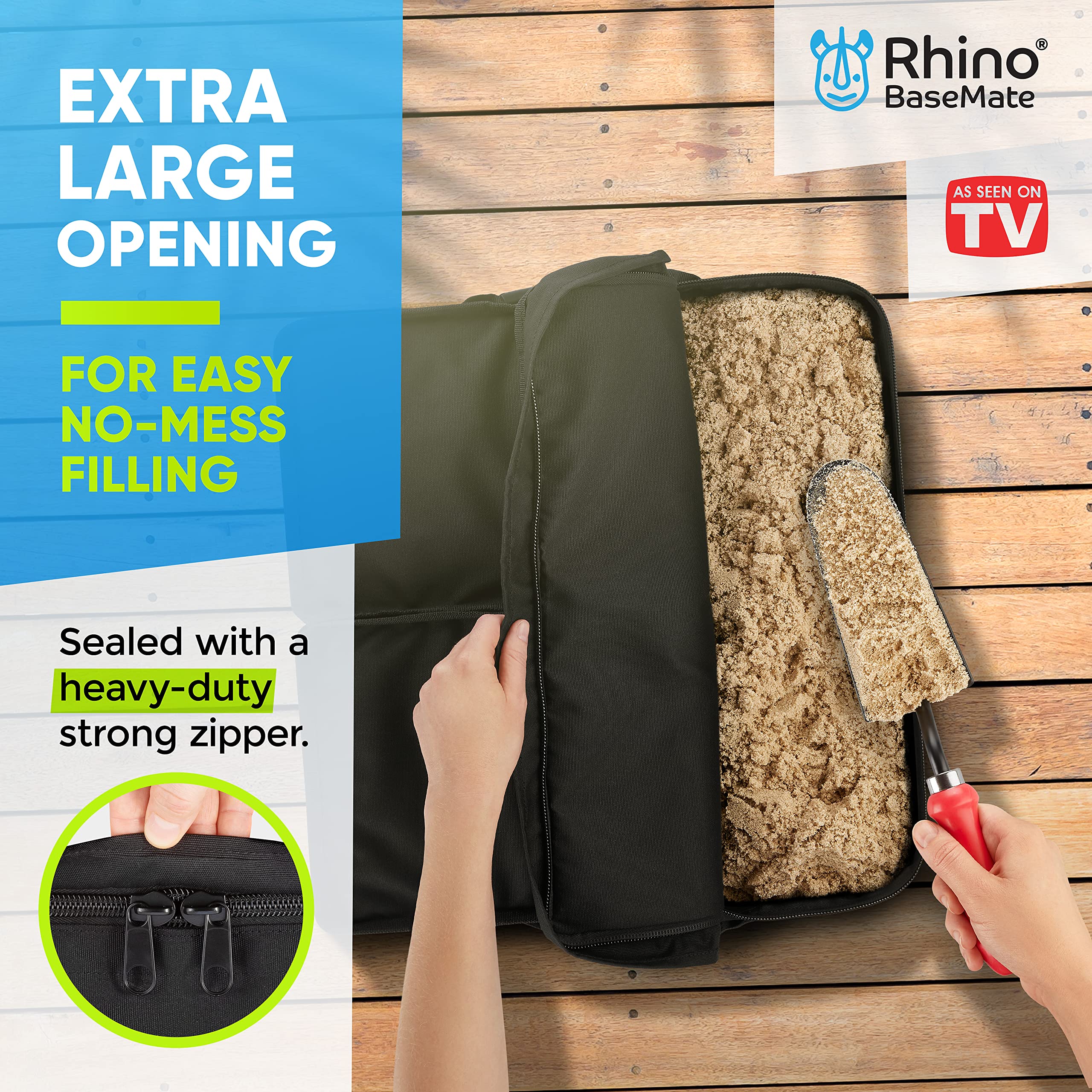 Rhino BaseMate filled with sand provides stable support in windy conditions.