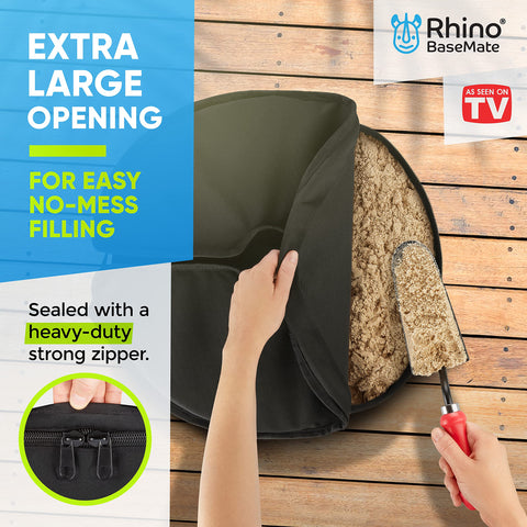 Rhino BaseMate offset-cantilever compatibility for secure umbrella setup on windy days.
