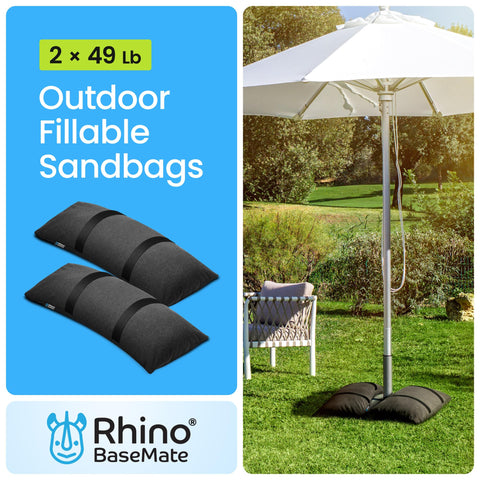 Rhino BaseMate weight with carry strap for easy repositioning on a patio.