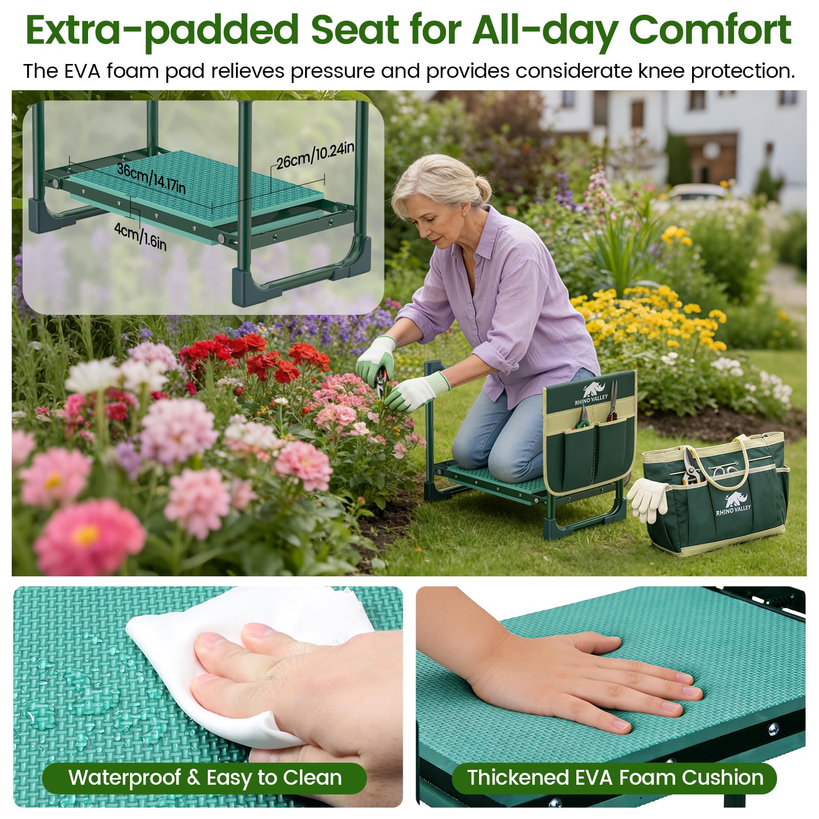Rhino Valley 2-in-1 garden seat switching between kneeling and sitting