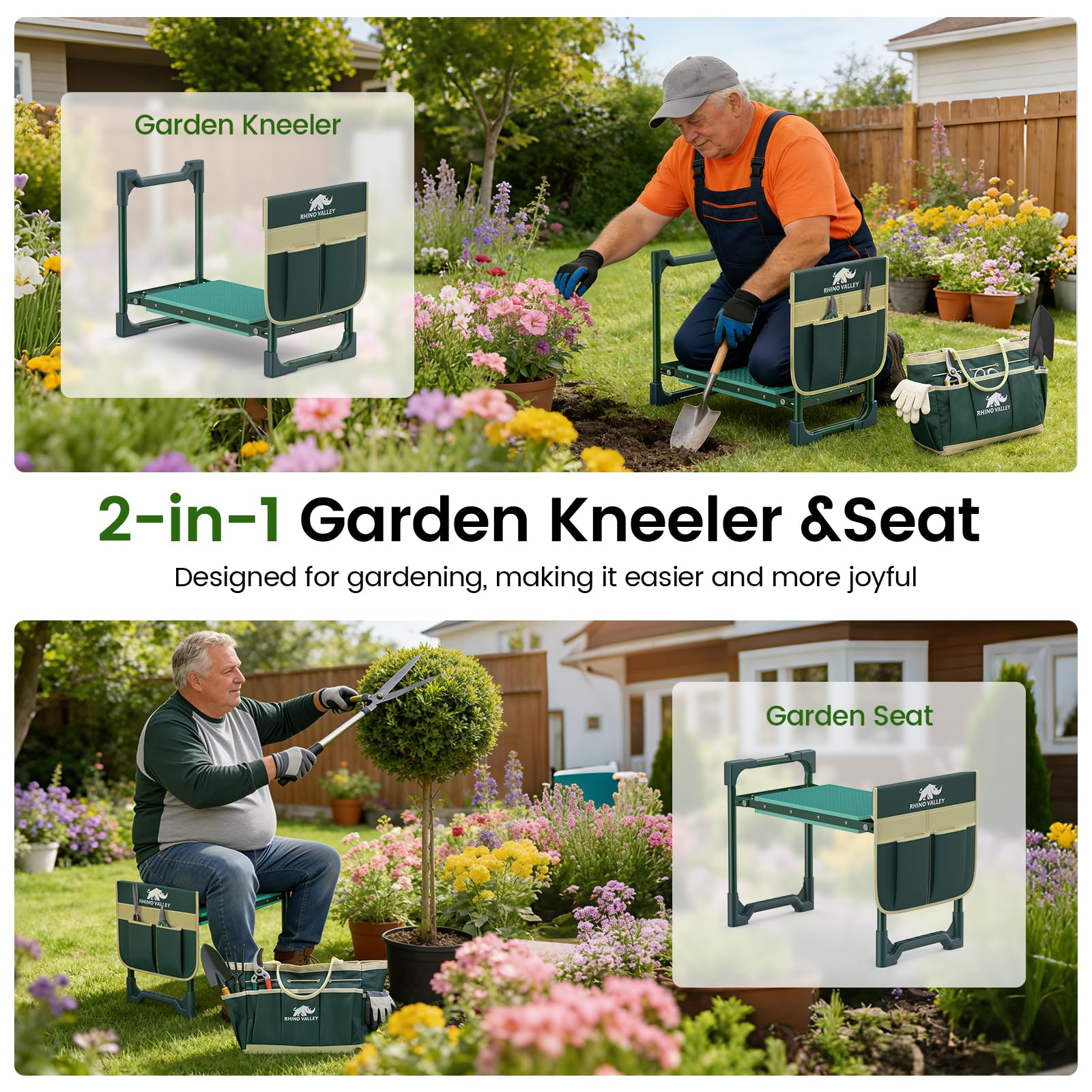 Tool side bag on Rhino Valley kneeler keeps pruning shears handy
