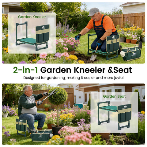 Tool side bag on Rhino Valley kneeler keeps pruning shears handy
