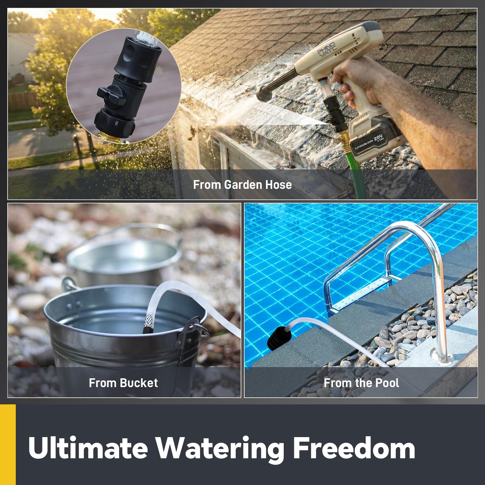 Rhinovate 6-in-1 nozzle with dual water sources for versatile cleaning