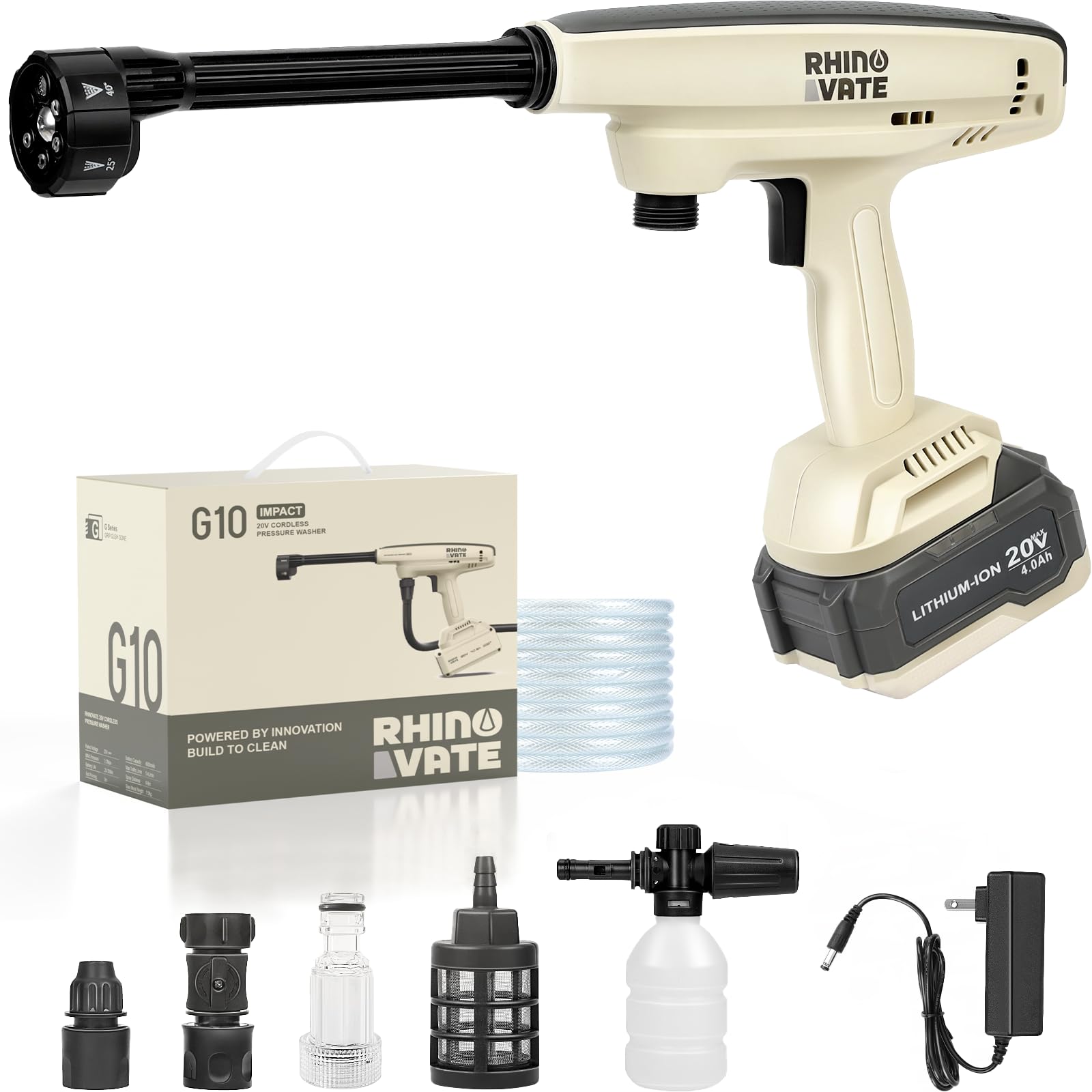 Rhinovate cordless pressure washer front view for fast, convenient exterior cleaning