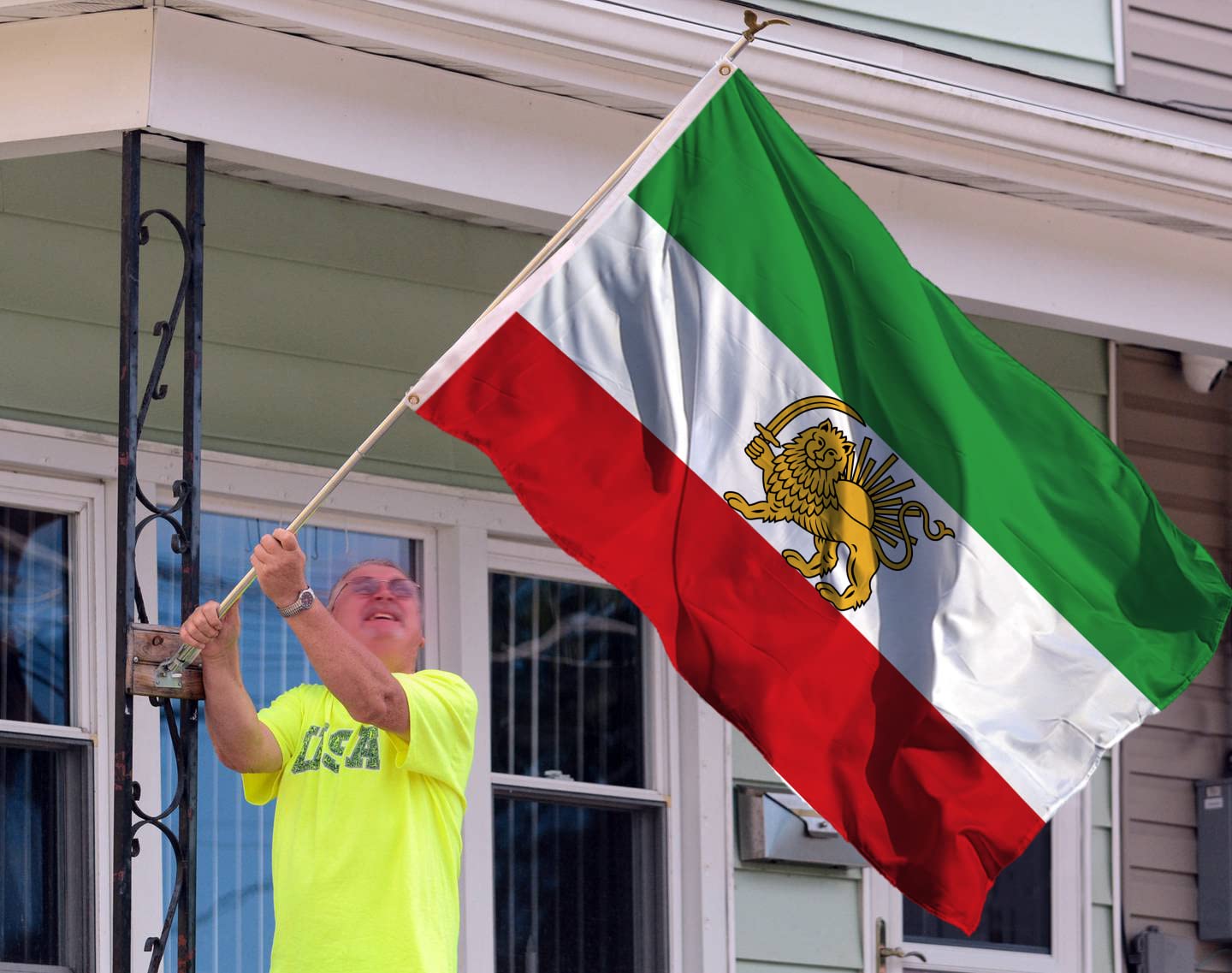 Rhungift Persian flag displayed on wall or flagpole for decor.
