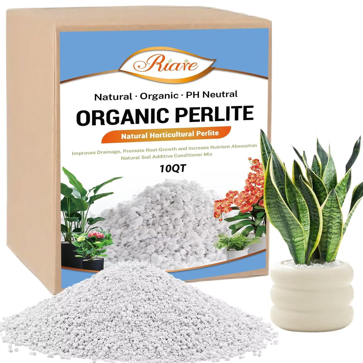 Riare organic perlite bag shown for soil amendment and drainage