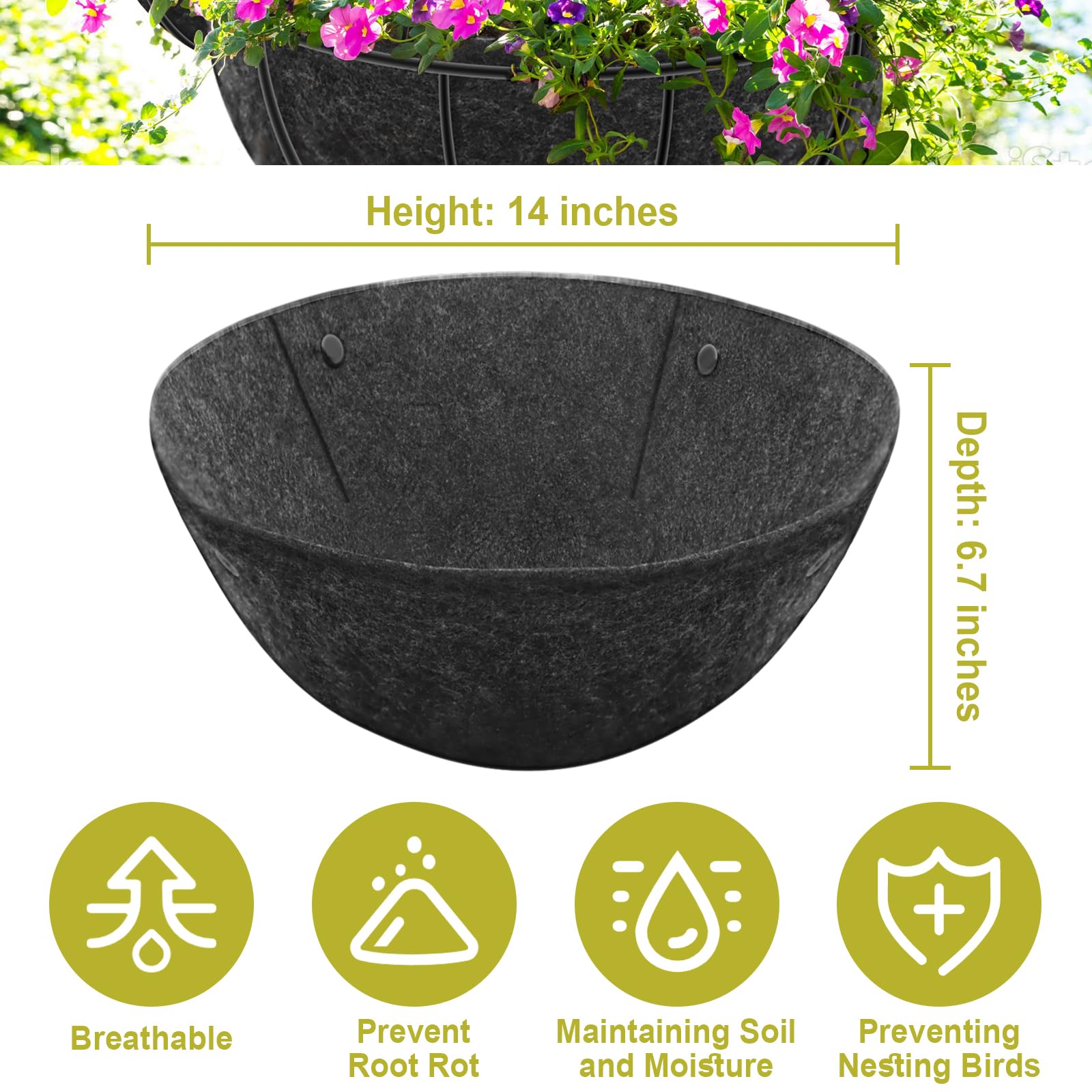 Riare 14-inch liner installed in a hanging basket for quick setup.