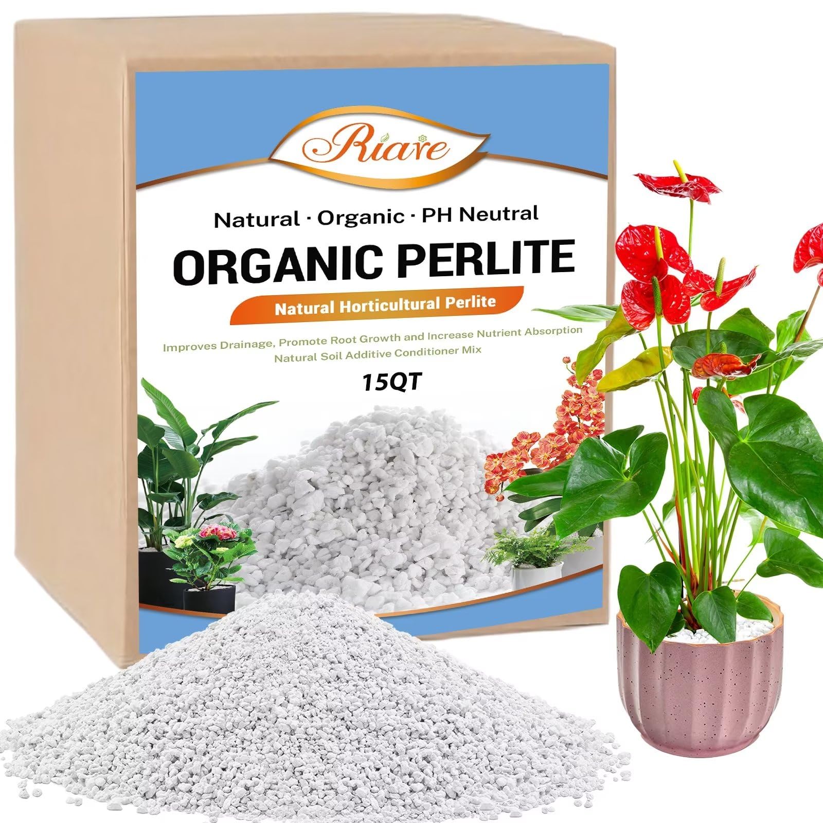 Riare 15 Quarts Organic Perlite bag close-up showing airy beads for healthy roots.
