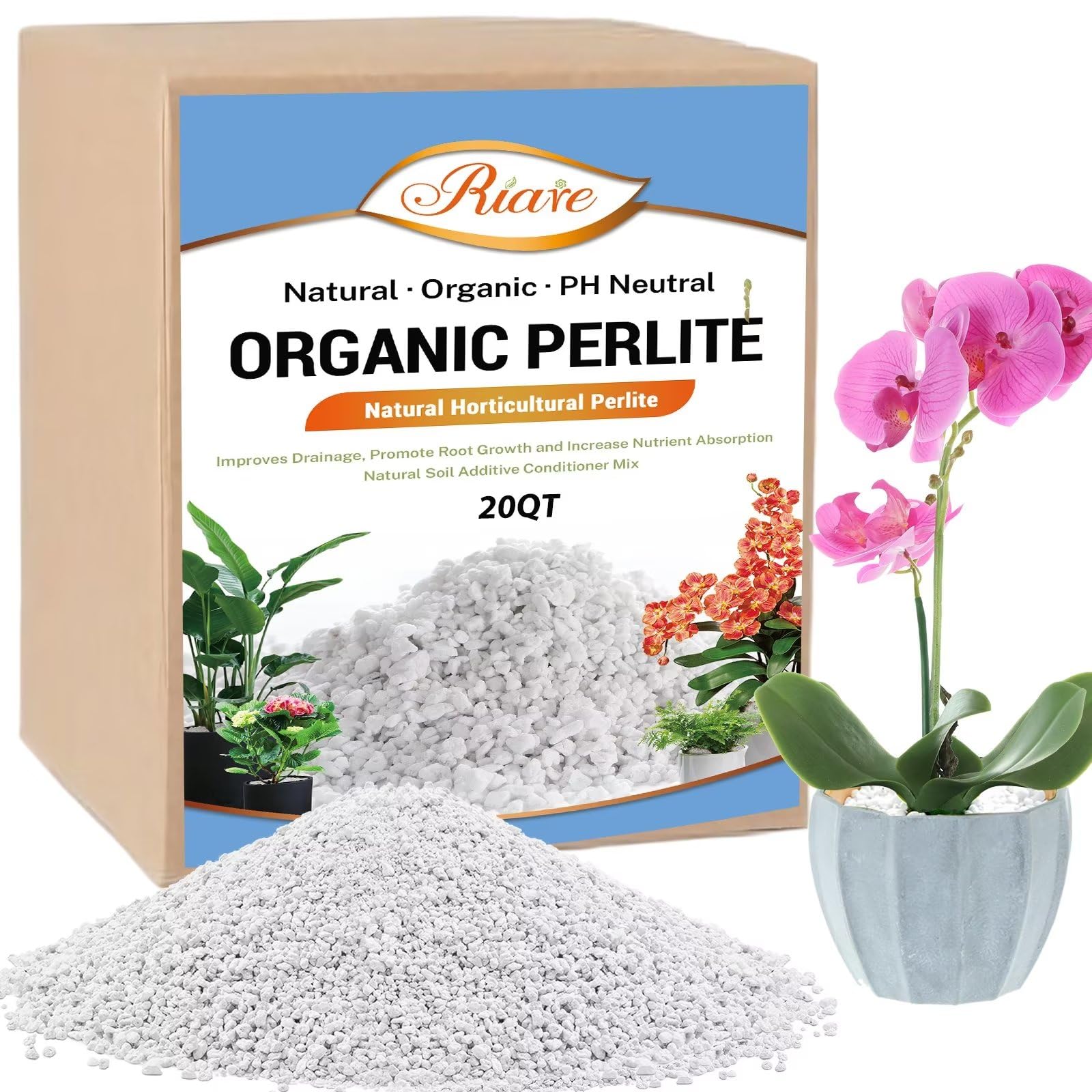 Riare 20qt Organic Perlite bag showing premium soil amendment for moisture control