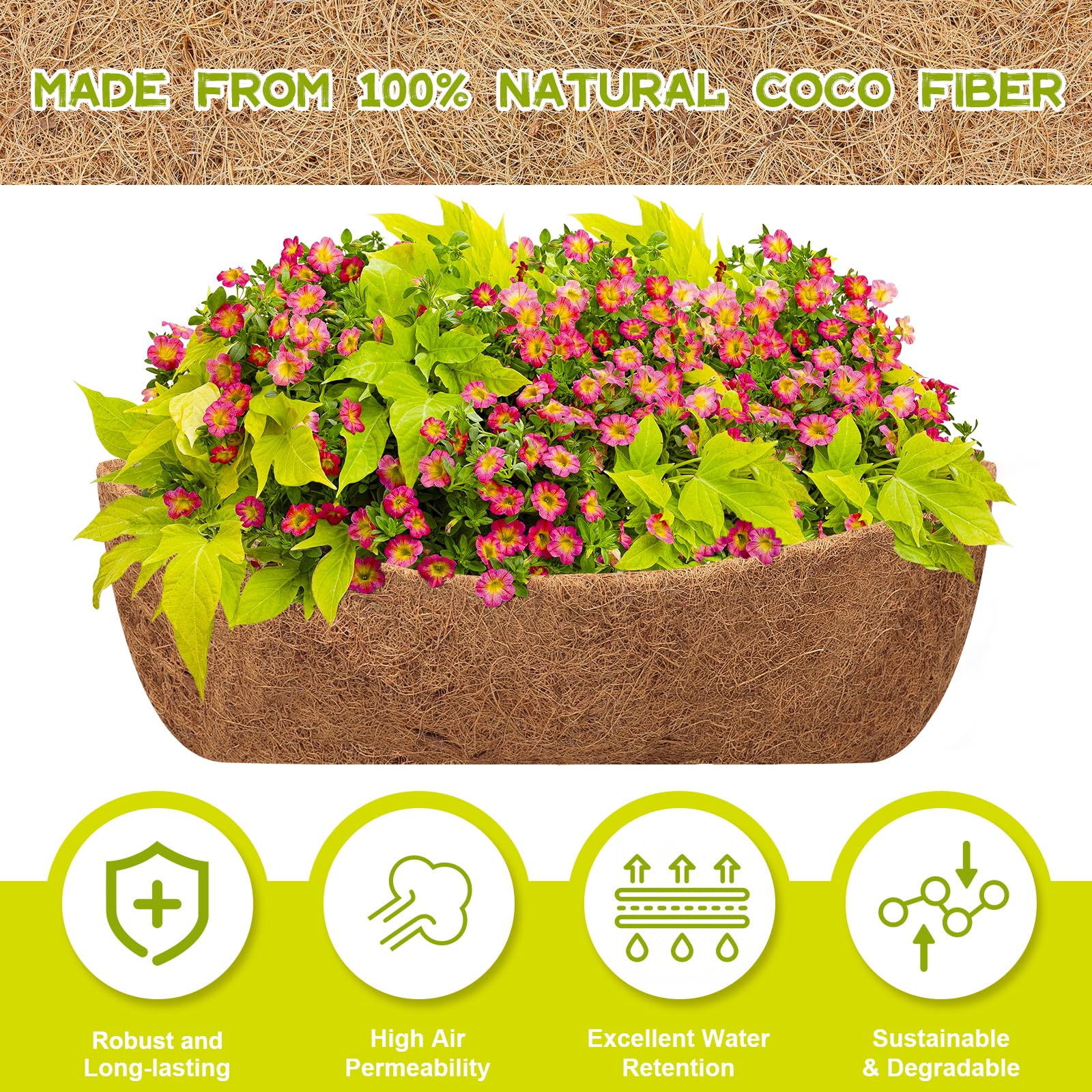 Riare 2-pack liner installed in hanging basket highlighting half-moon shape for versatile mounting.