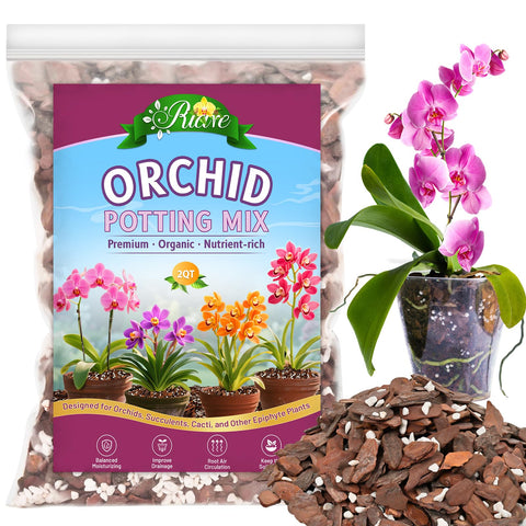 Riare 2QT orchid potting mix with bark and perlite promotes airy drainage for healthy roots.