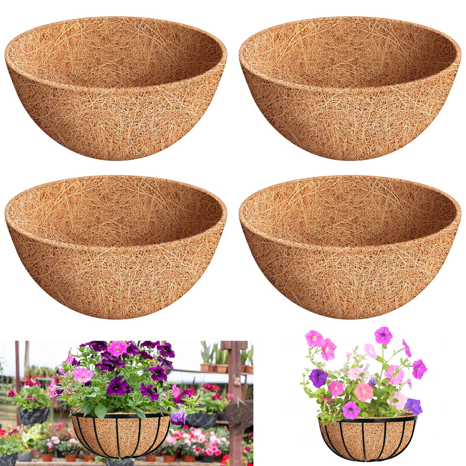 Riare 4-pack coco liners for round baskets, boost airflow for healthy roots.