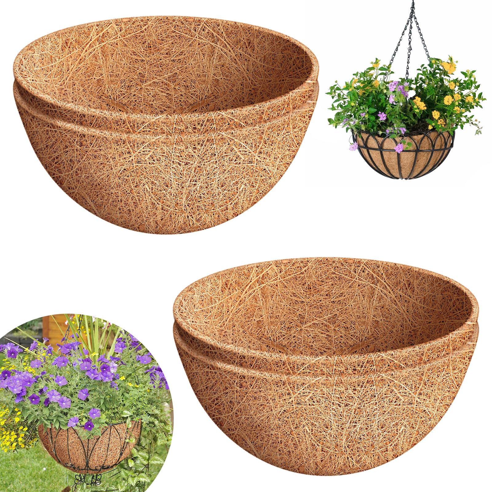 Riare 4-Pack 14-Inch Coco Liners shown in a basket for vibrant blooms.