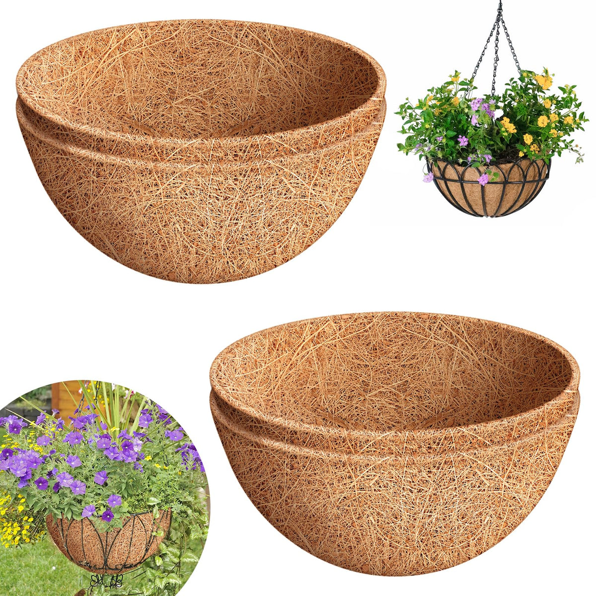 Riare 4-Pack 14-Inch Coco Liners shown in a basket for vibrant blooms.