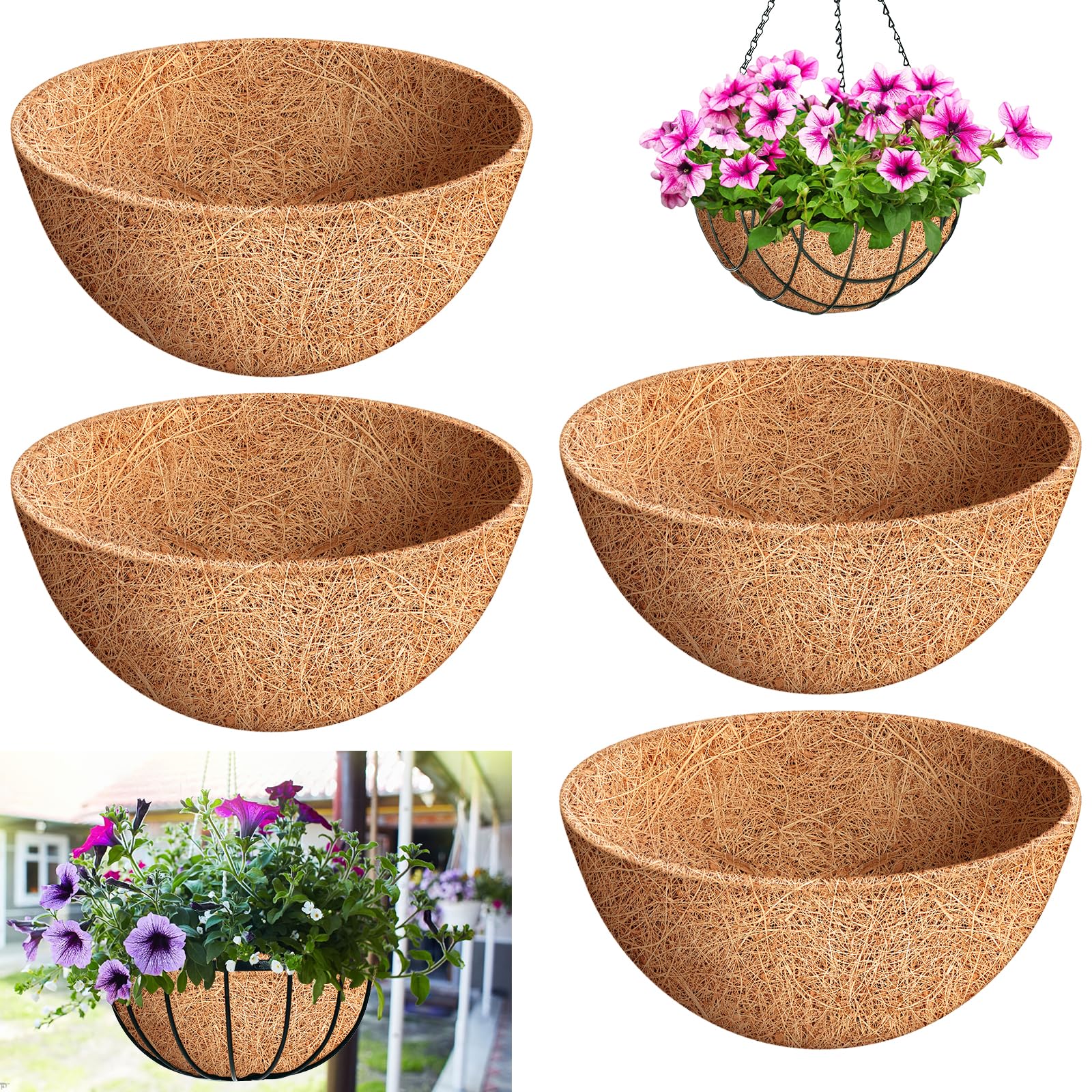 Riare 4-pack 16-inch round coco liner for hanging baskets promotes airflow and moisture retention.