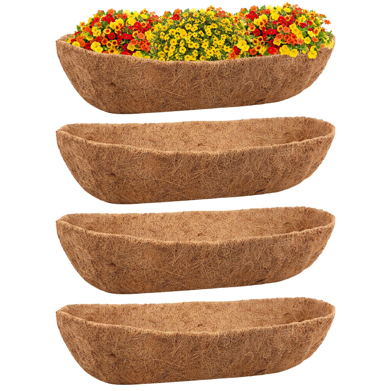 Riare 4 Pack 24-Inch Trough Coco Coir Liners for planters showing natural coconut fiber detail and fit.
