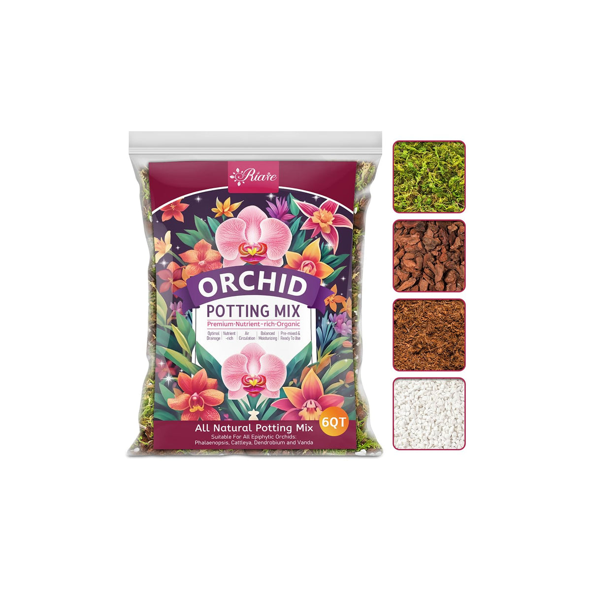 Riare 6QT orchid potting mix bag showing natural materials for healthy roots.