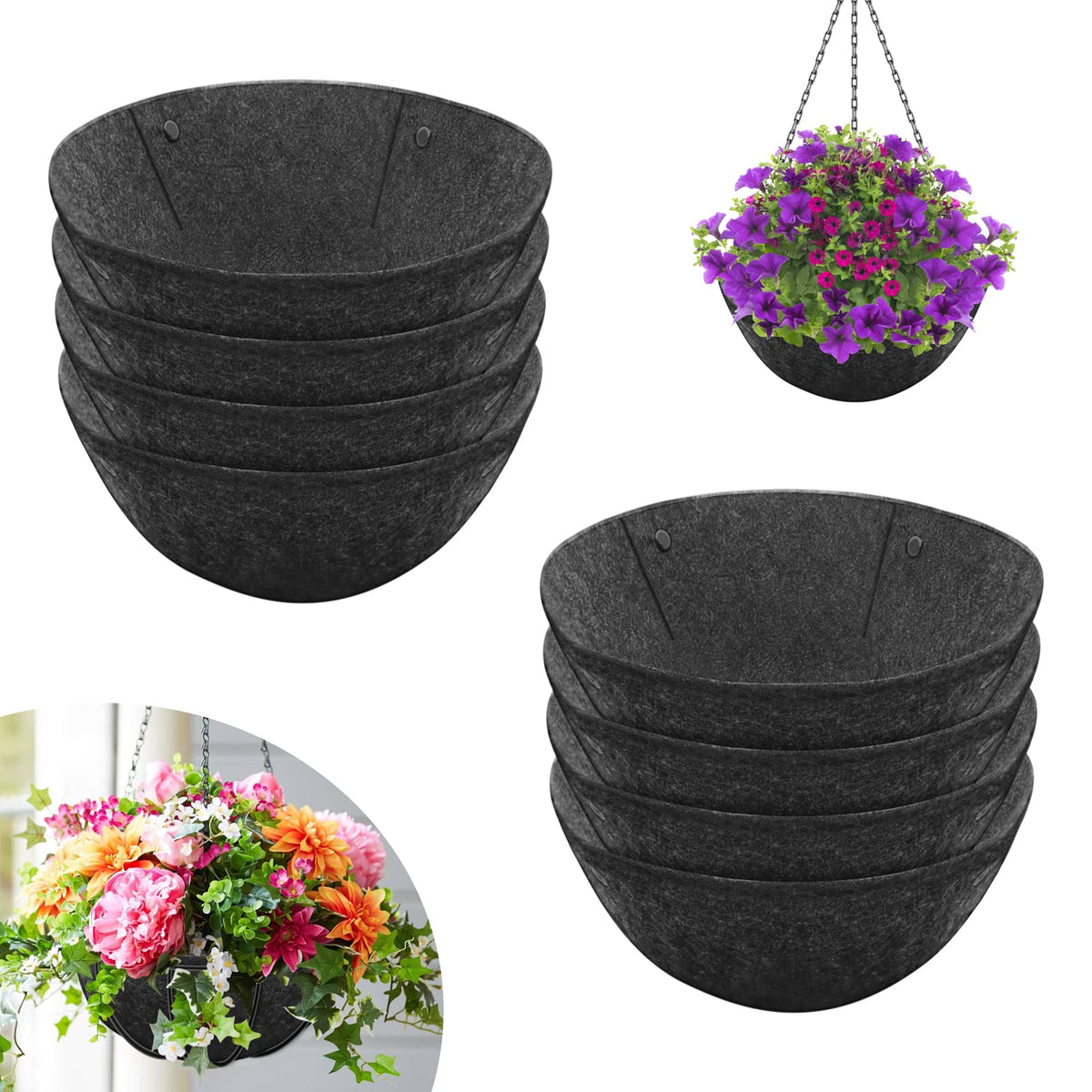 Riare 8-pack 12-inch round fabric planter liner shown in use in hanging baskets for plant displays