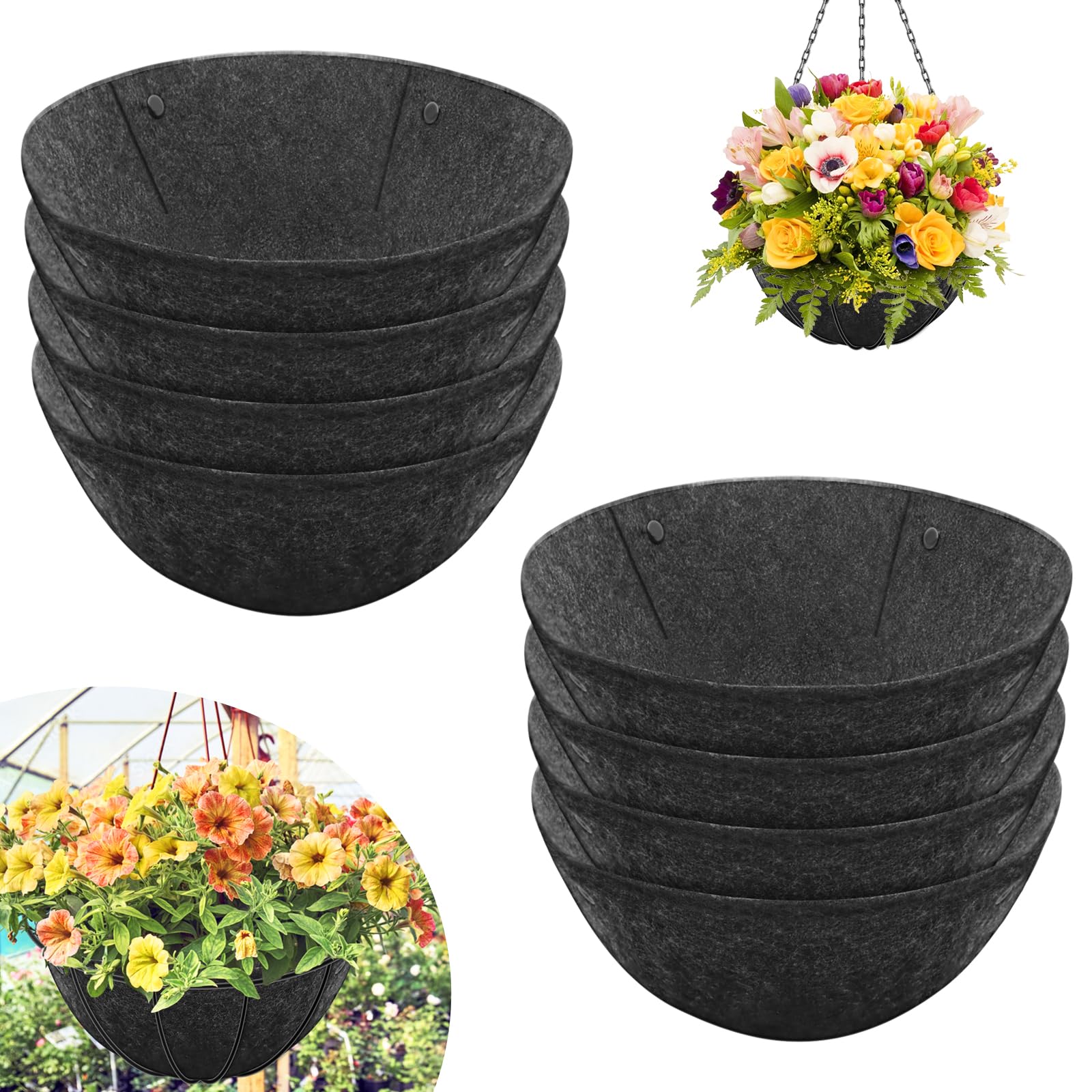 Riare 8-pack 16-inch round fabric planter liner showing durable non-woven material for long-lasting hanging baskets.