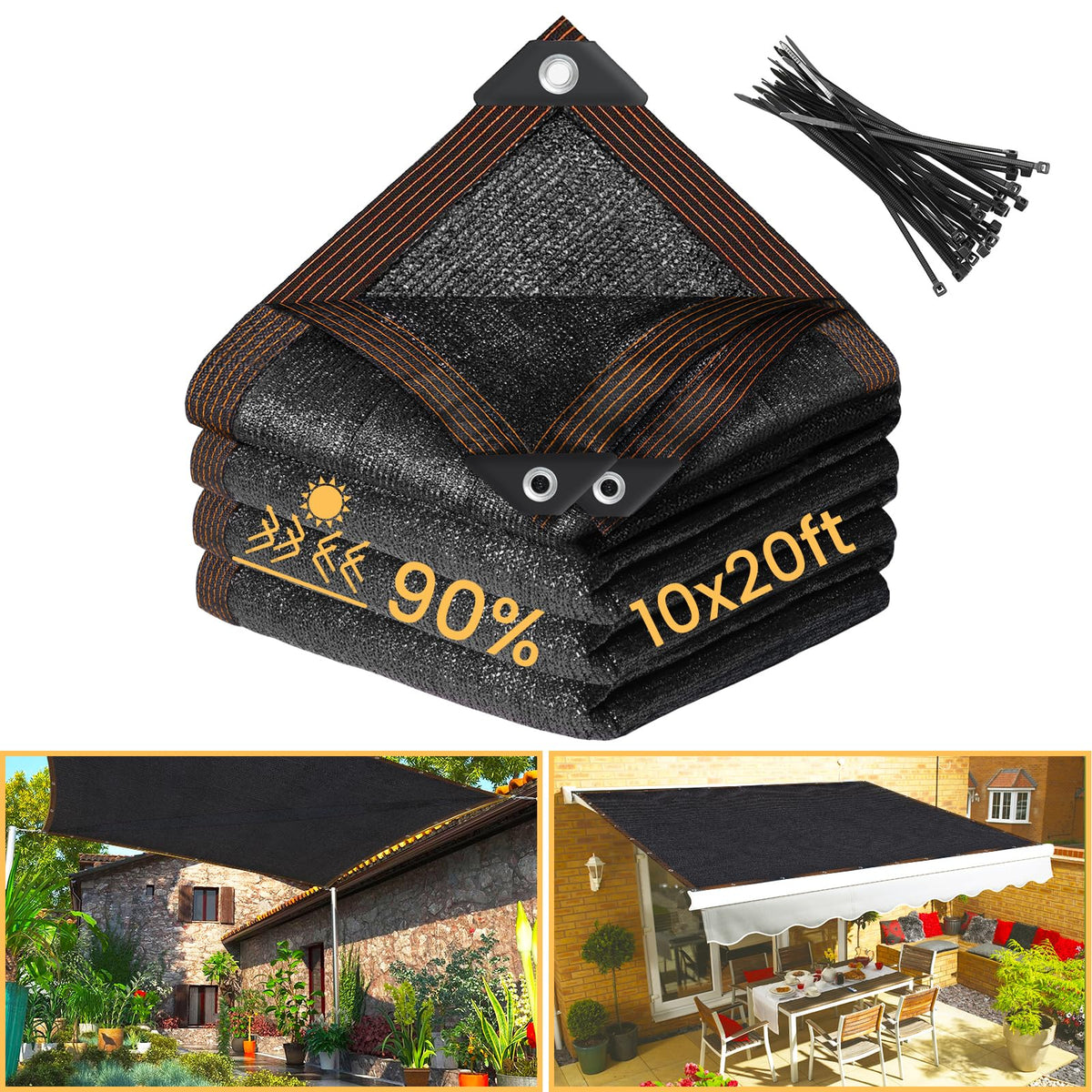Riare 90 percent black shade cloth 10x20 ft in outdoor setting for shade.
