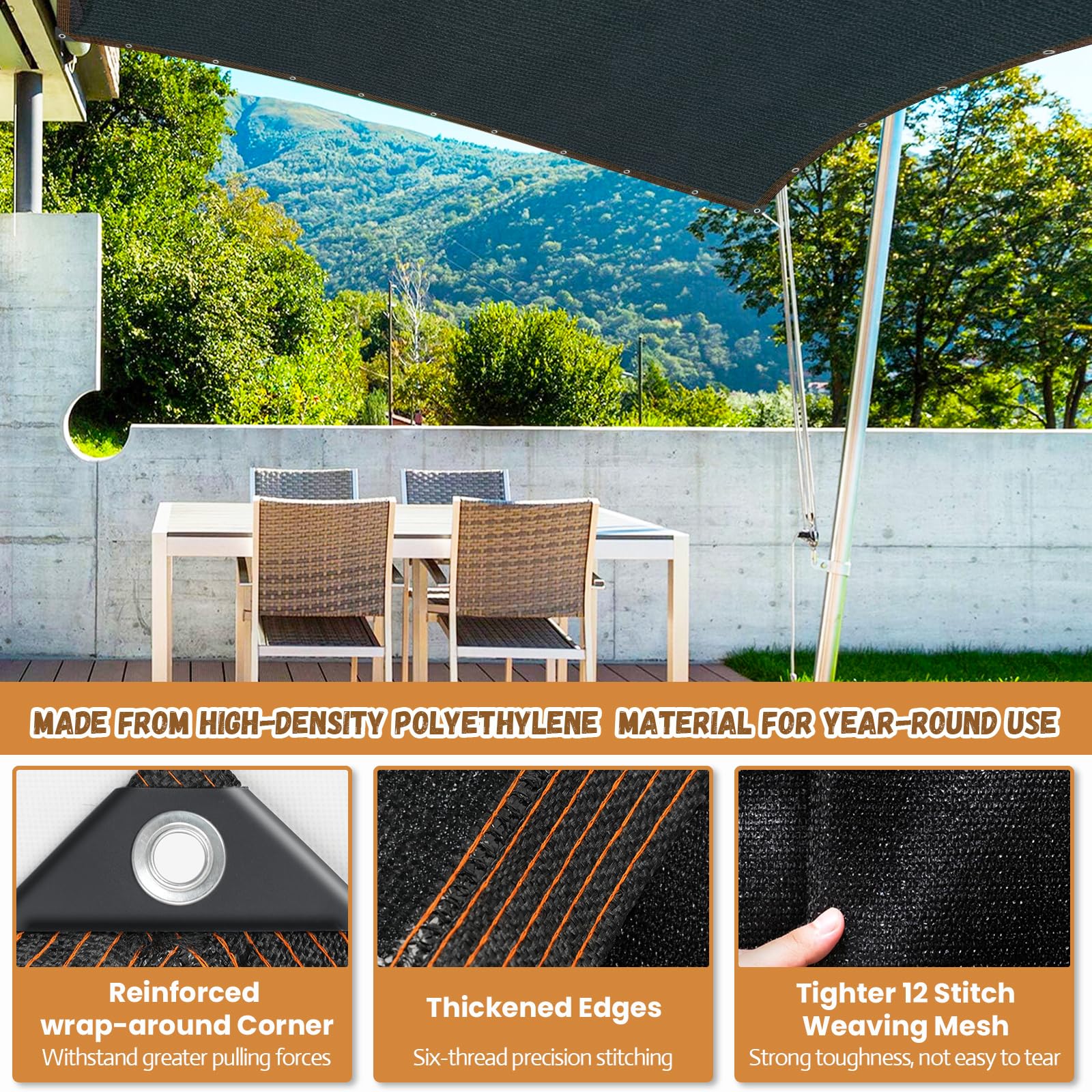 Breathable shade cloth reduces heat buildup on patios and greenhouses