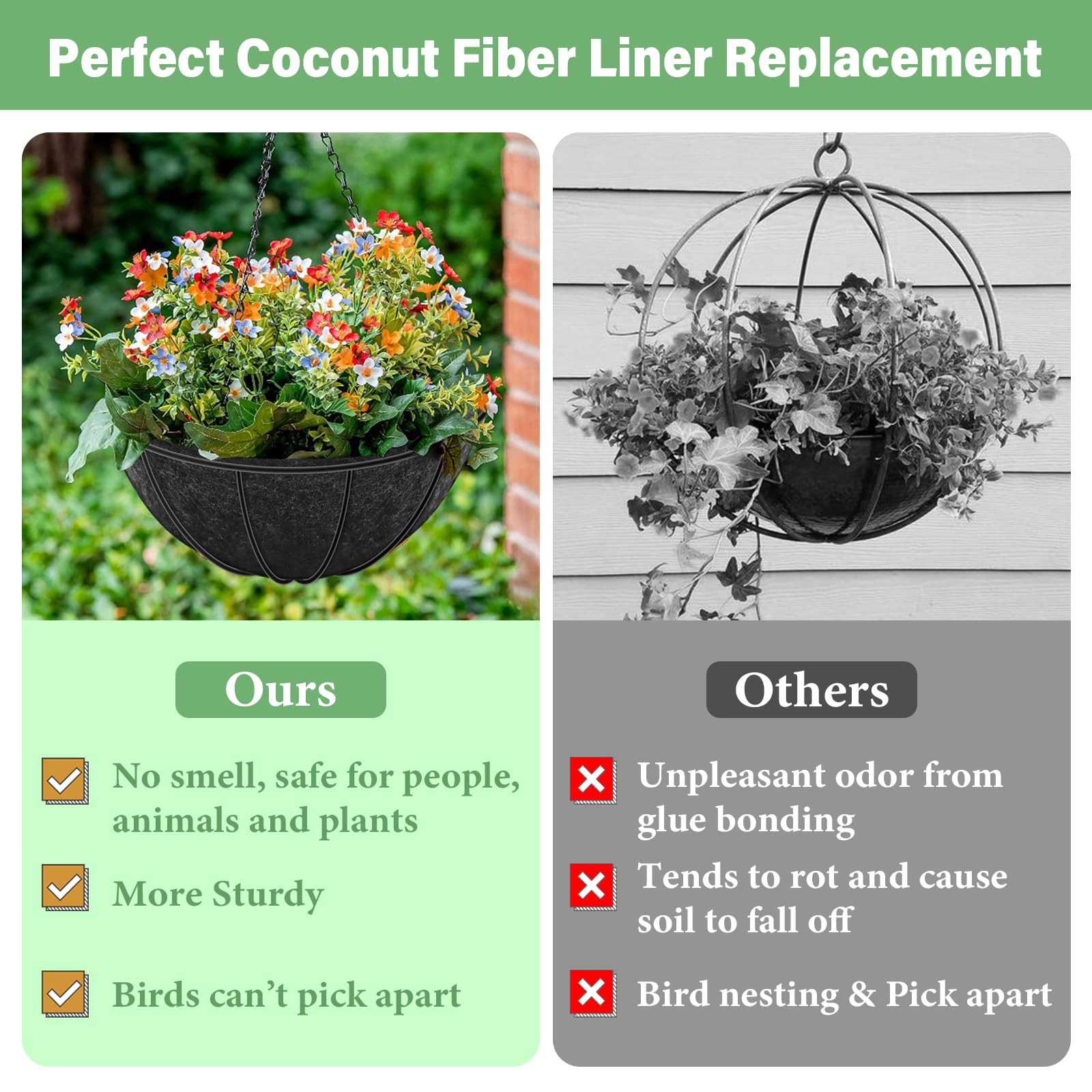 Riare anti-bird nesting design demonstrates tidy hanging planters.