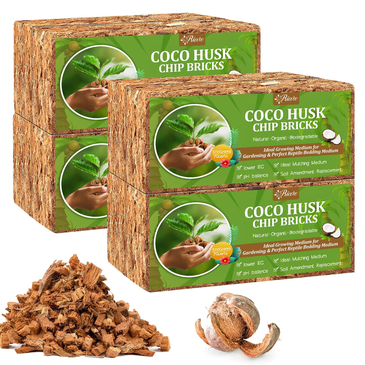 Riare coco chips bricks 8-pack expanding into a versatile substrate