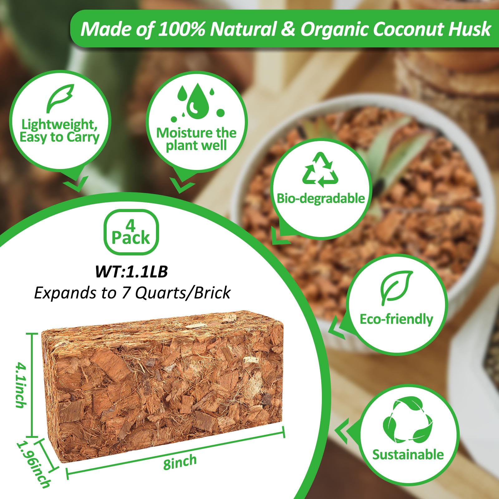 Riare Coco Chips bricks expand to seven quarts for planting projects.