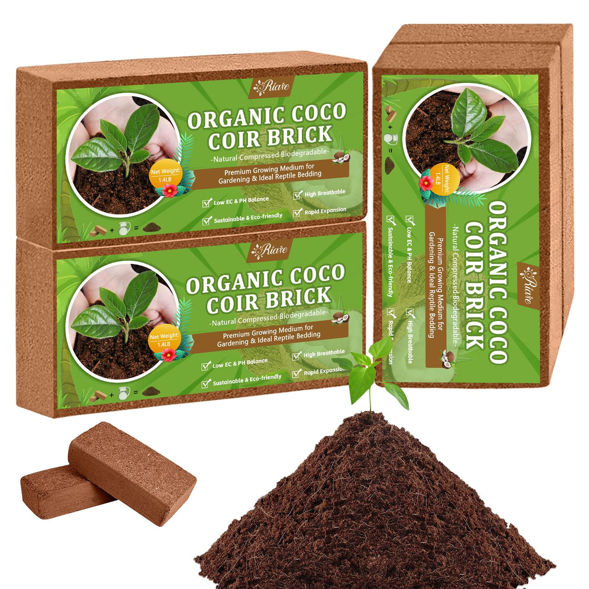 Riare Coco Coir Bricks four-pack expands into rich soil for pots.