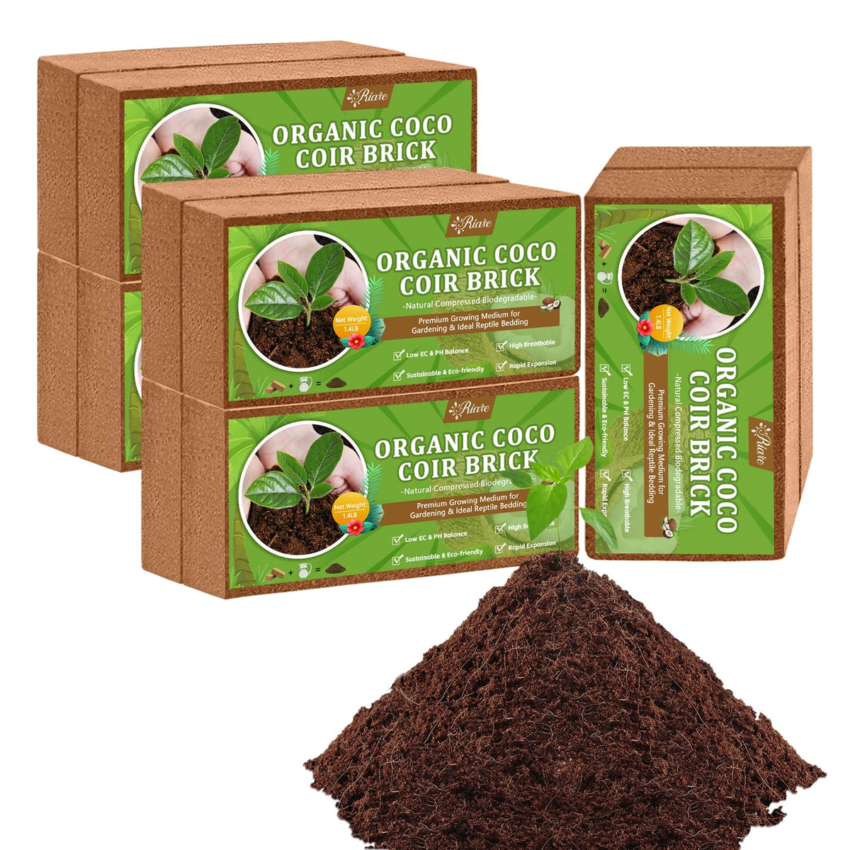Riare coco coir brick pack expands into ready-to-use soil for seedlings.
