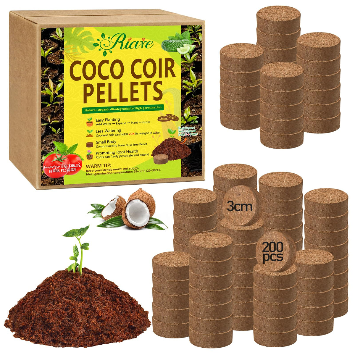 Riare coco coir pellet dry block showcases compact storage and easy portability.