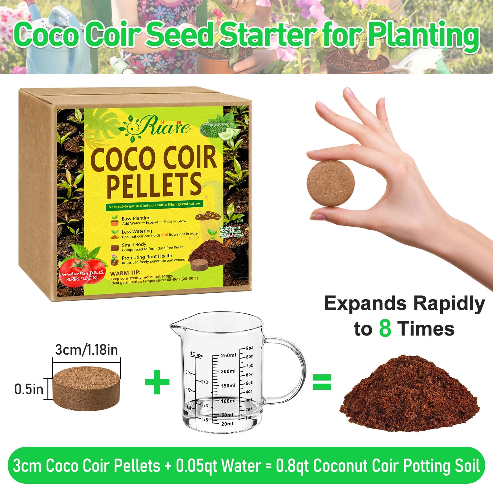 Riare coco coir pellet expands when soaked for ready seed starting.