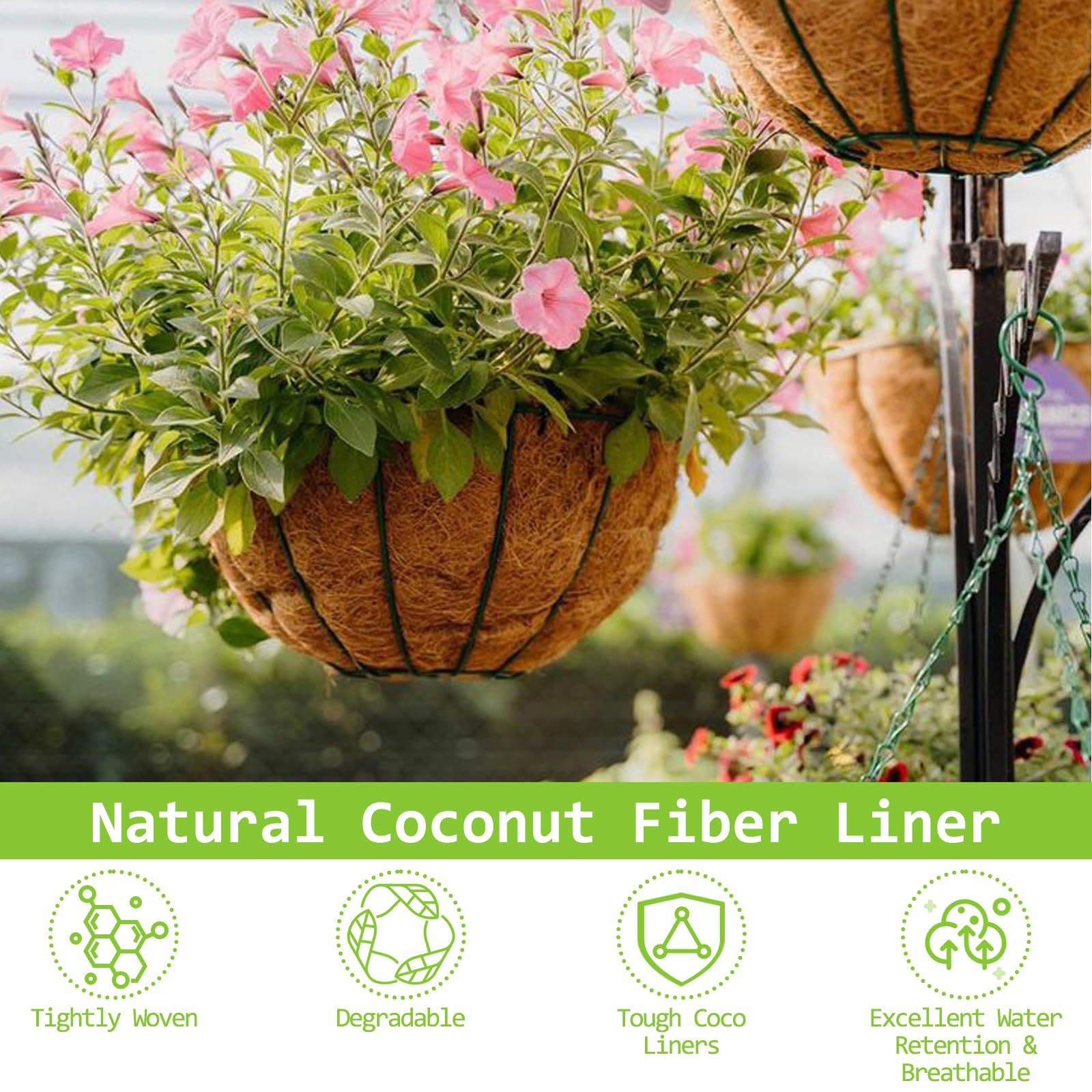 Riare coco liners breathe well, helping plants thrive with steady moisture.