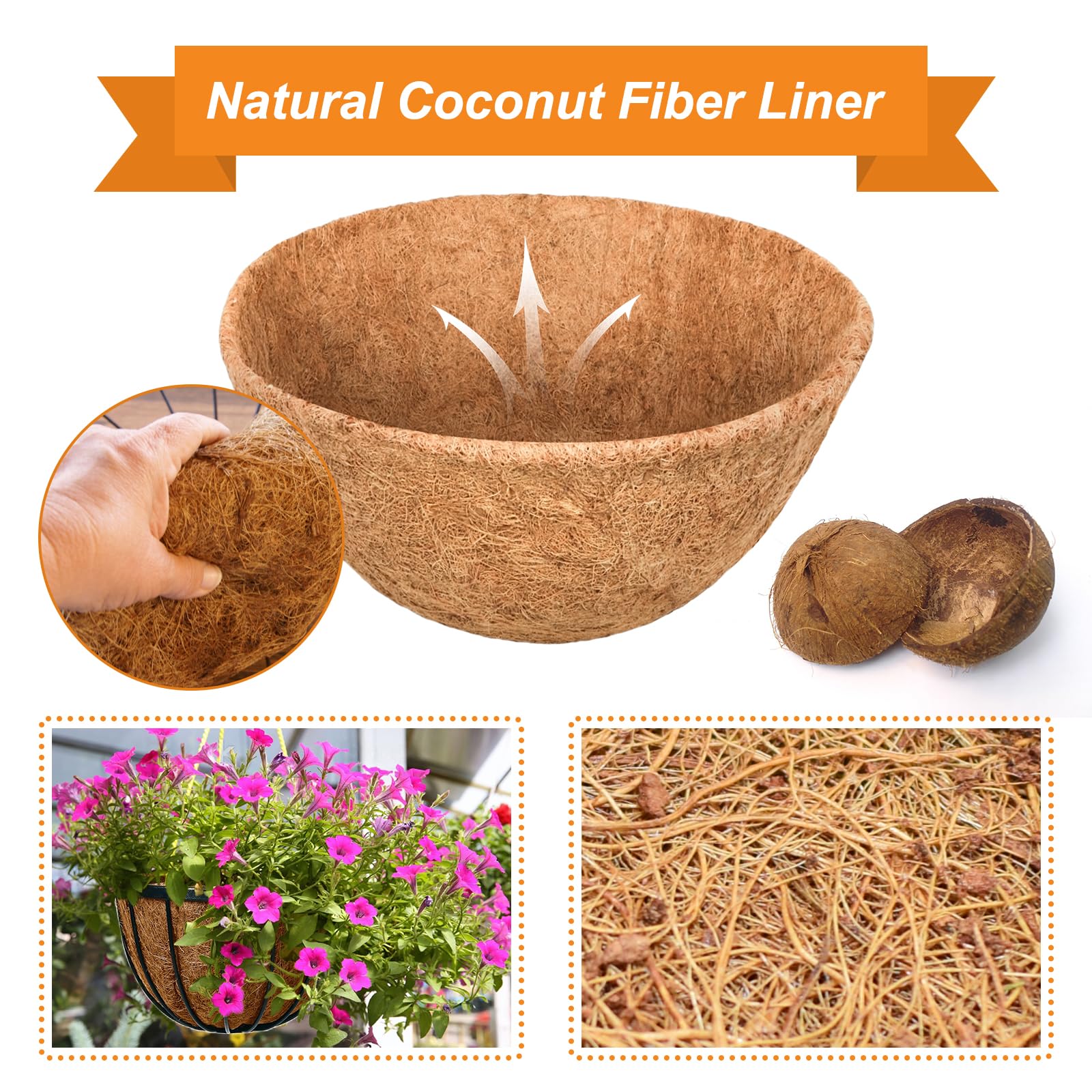Riare coconut coir liner close-up, natural fibers retain moisture for thriving plants.