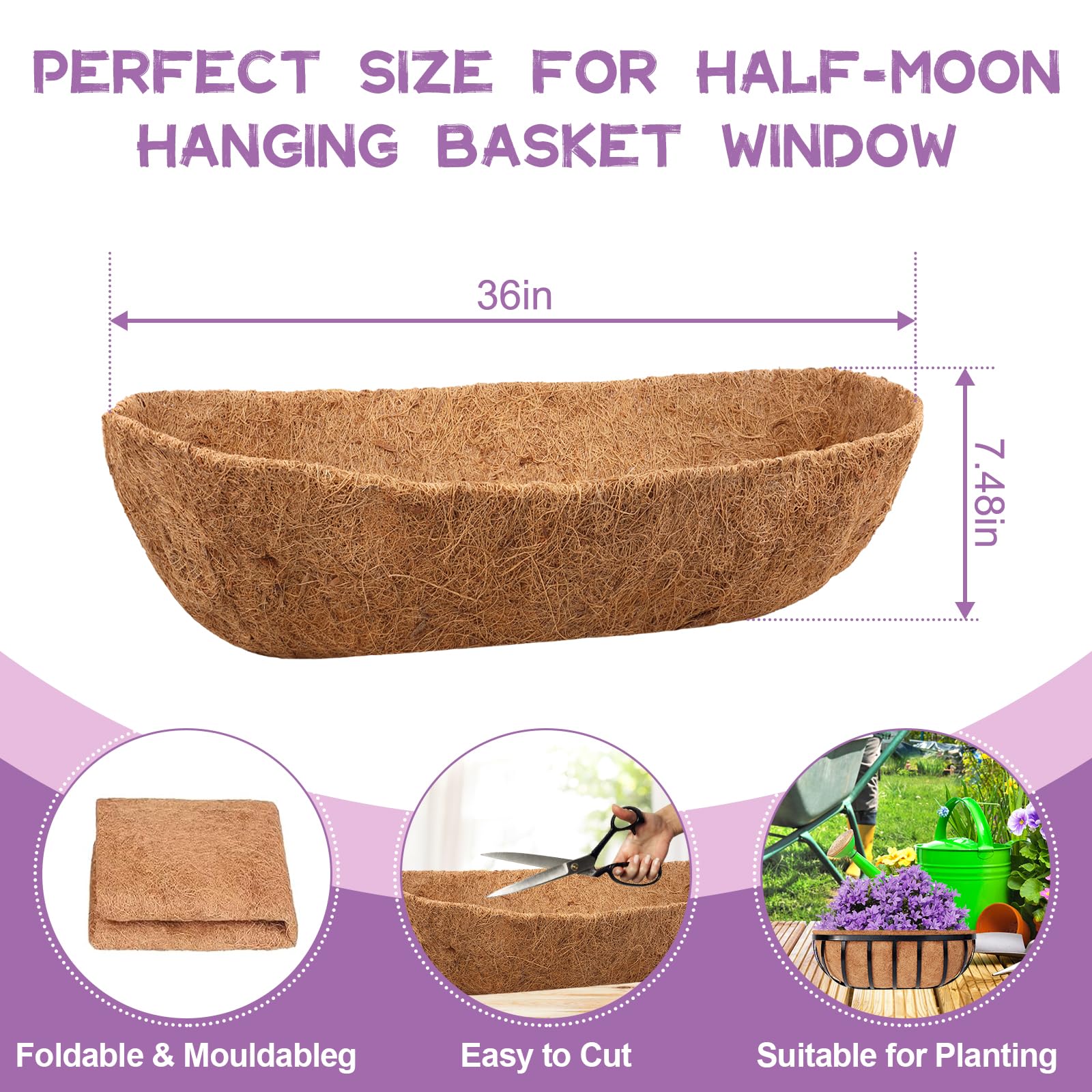 Riare half-moon coir liner fits hanging baskets precisely.