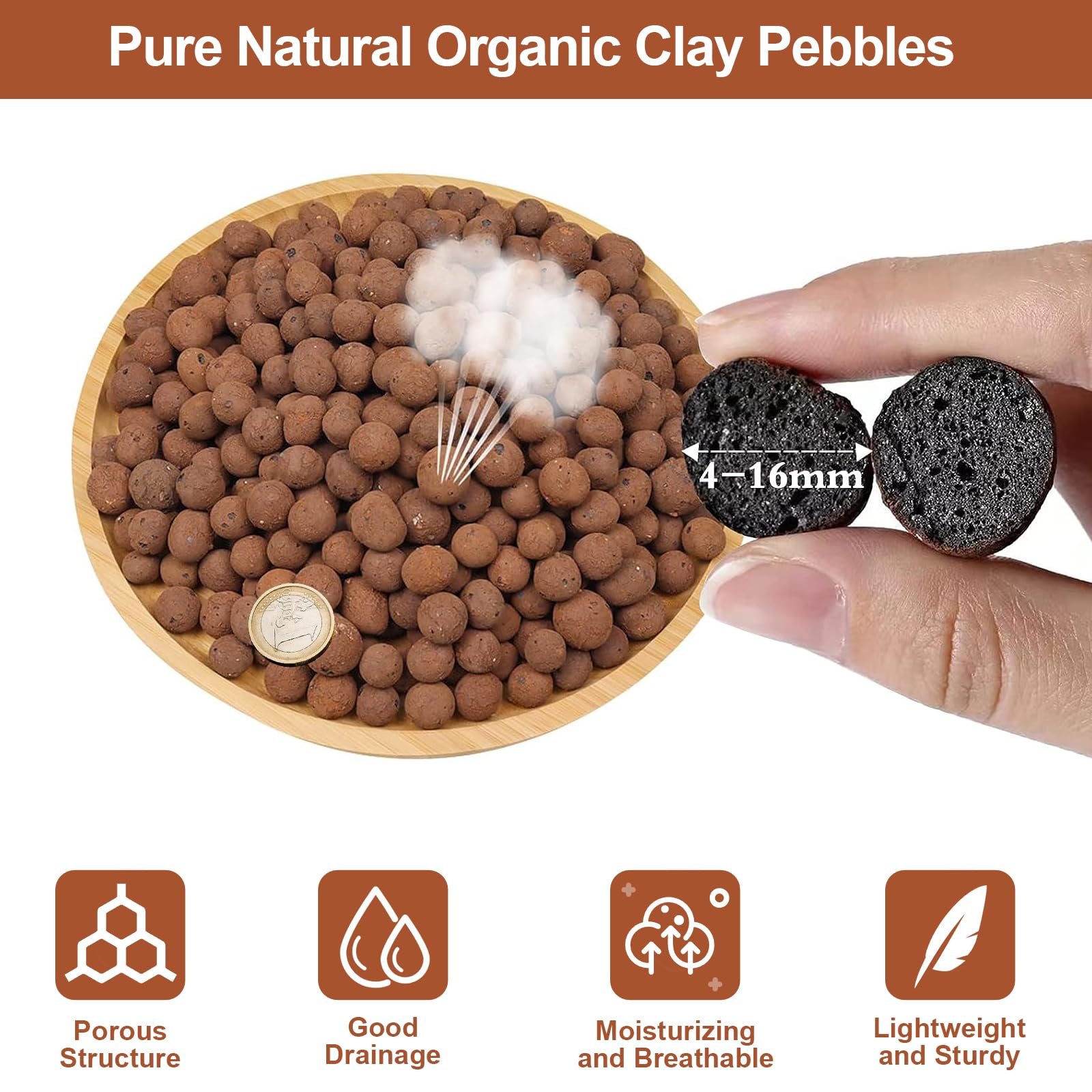 Riare leca pebbles 4-16mm diameters close-up, neutral pH and odorless texture.