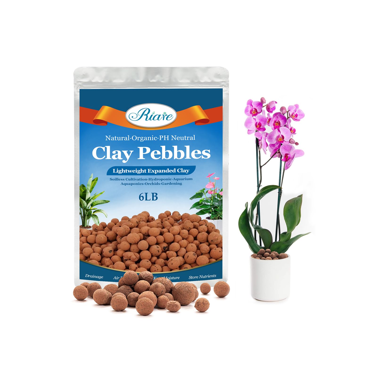 Riare Leca pebbles in a 6 lb bag for lightweight hydroponic setups.