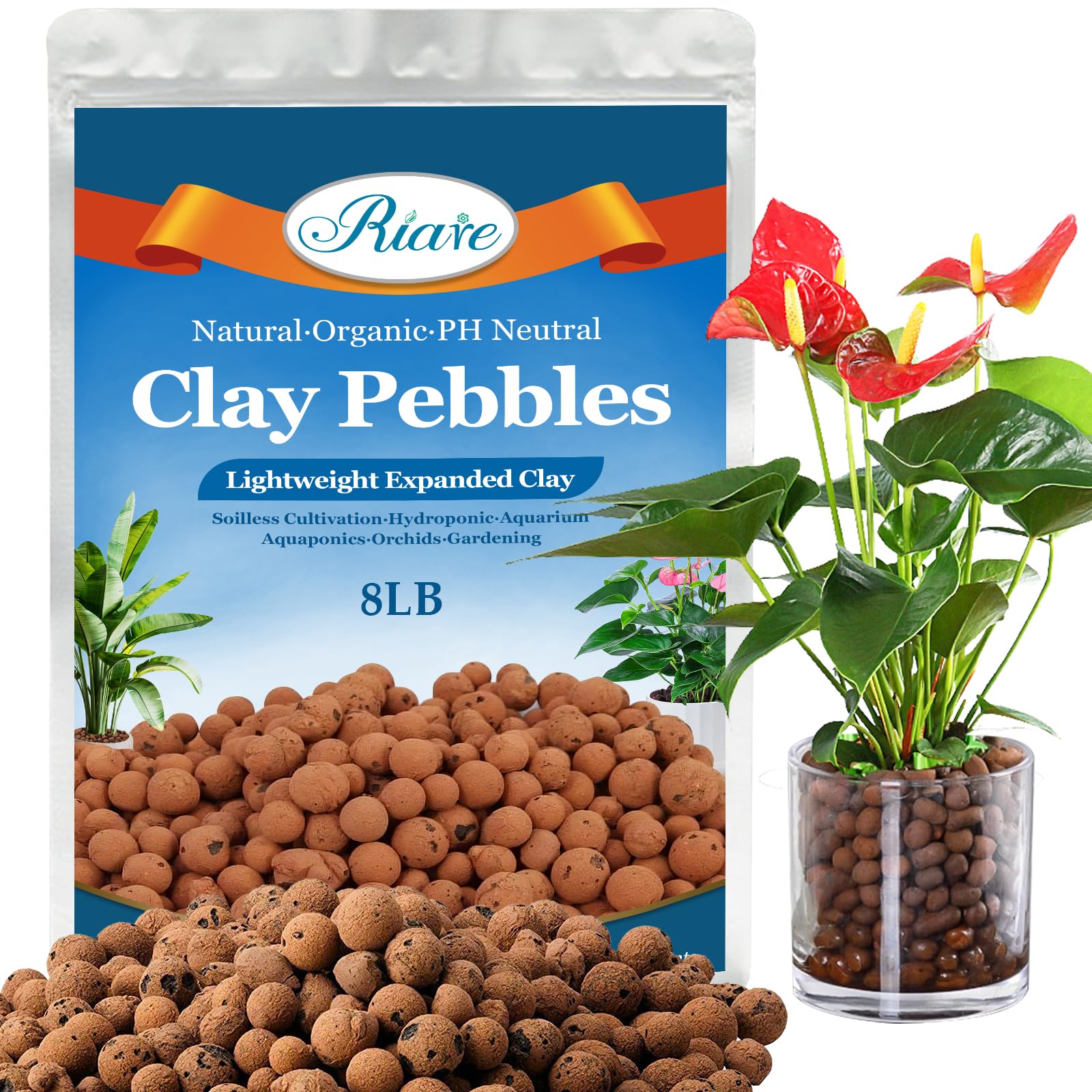 Riare Leca pebbles 8 lbs bag with 4-16 mm size, ideal for hydroponic drainage.