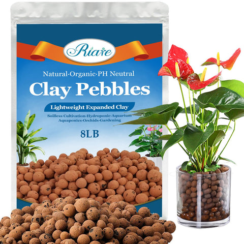 Riare Leca pebbles 8 lbs bag with 4-16 mm size, ideal for hydroponic drainage.