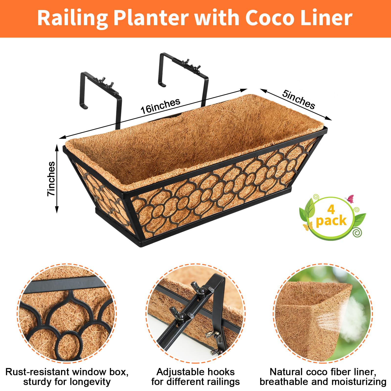 Close-up of Riare railing planter frame showing sturdy metal construction.