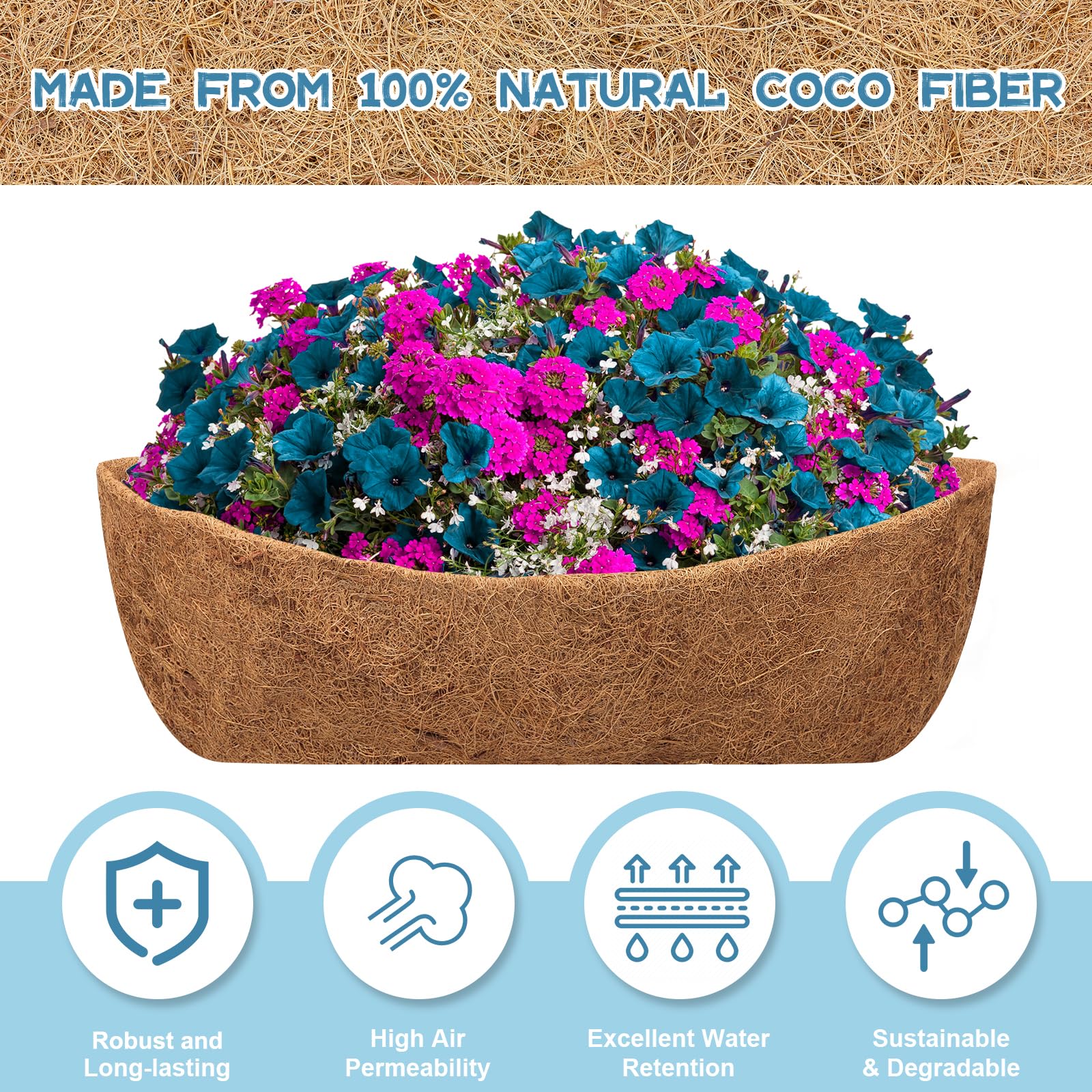Riare natural coir liner provides drainage and moisture management for planters.