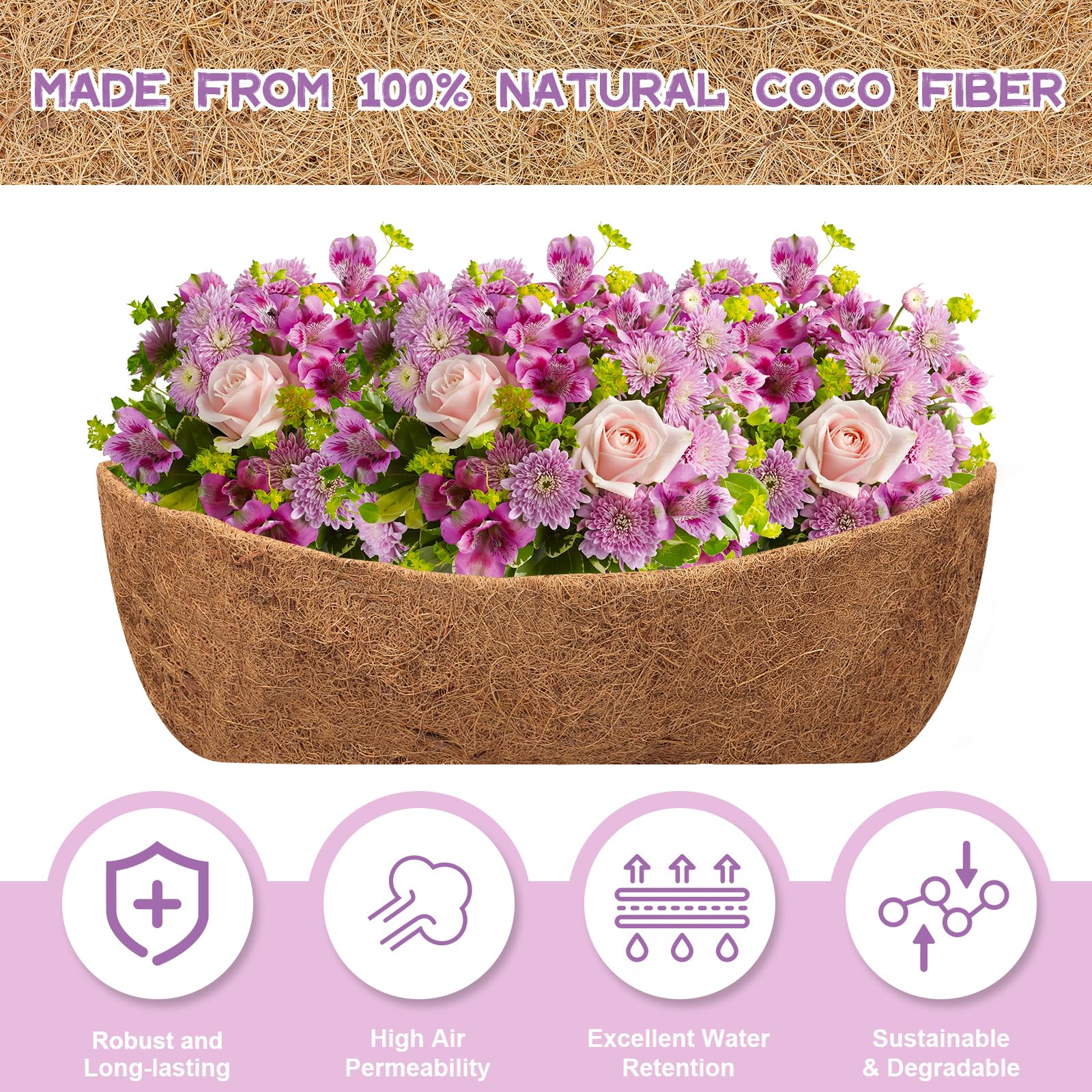 Riare natural coconut fiber liner shows breathable material.