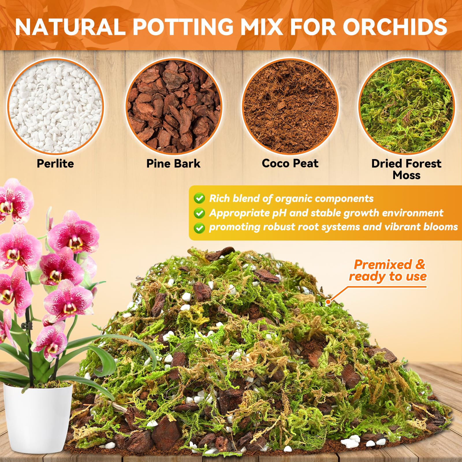 Riare Orchid Mix repotting contents close-up for healthy root growth.