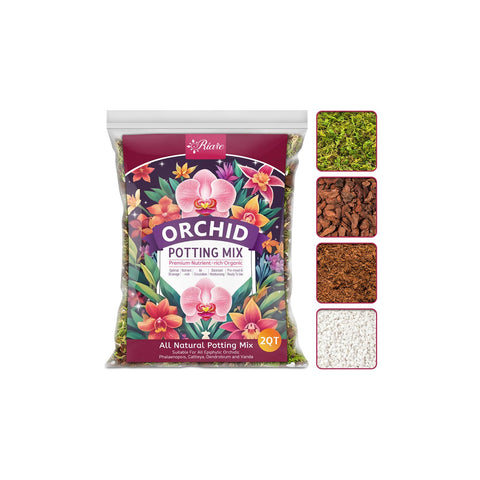 Riare Orchid Potting Mix bag close-up showing natural bark and moss for epiphytic orchids.