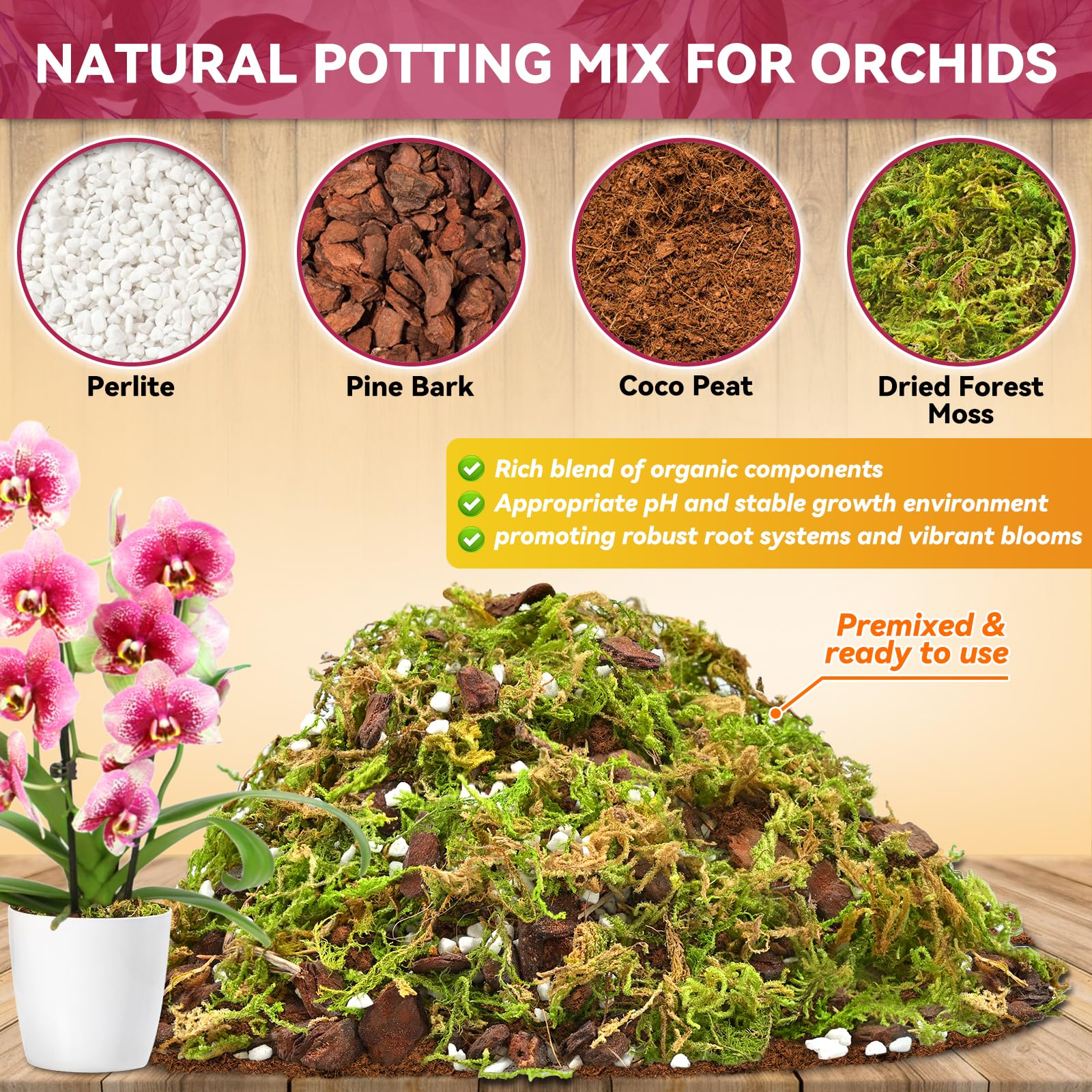 Riare orchid potting mix moss component aids moisture retention for epiphytic orchids