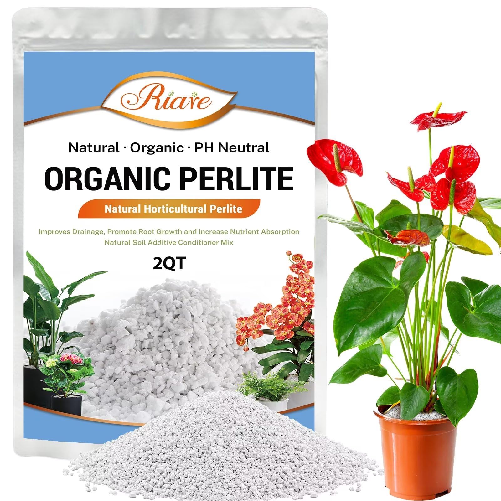 Riare organic perlite 2 qt bag enhances soil moisture retention and aeration.
