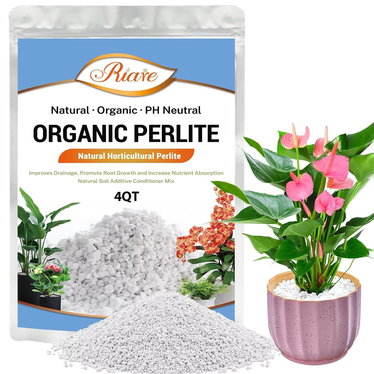 Riare 4-quart perlite bag showing airy texture for soil aeration.