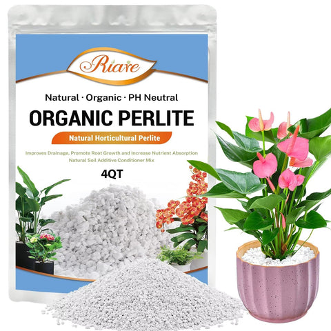 Riare 4-quart perlite bag showing airy texture for soil aeration.