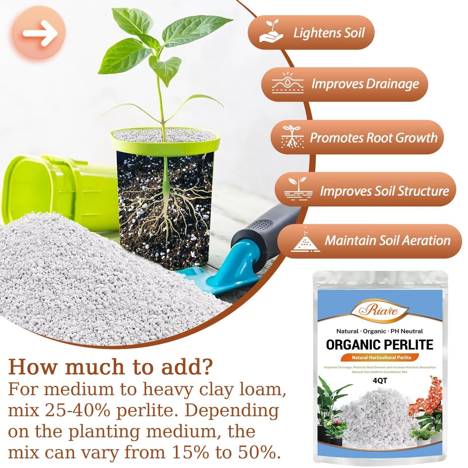 Riare perlite chunky texture in soil for moisture balance.