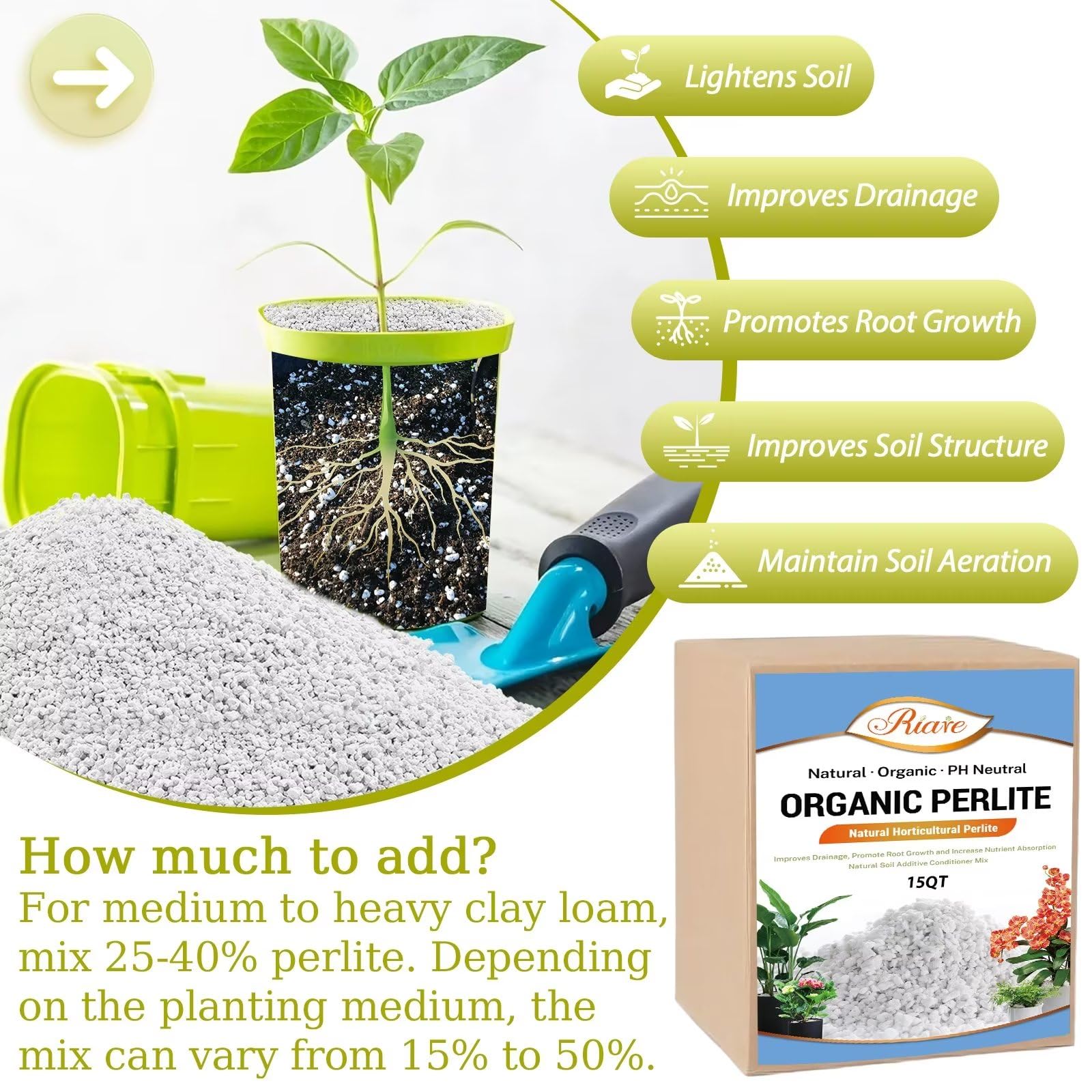 Riare perlite drainage and aeration improves container plant health.